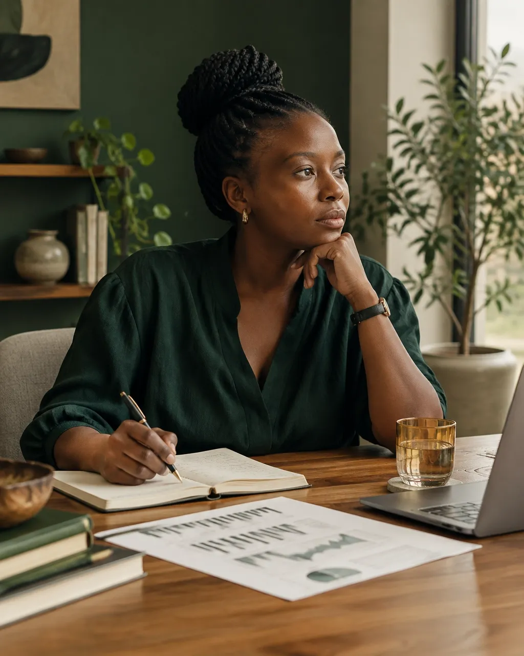 African founder reviewing notes at a desk in a calm, light-filled workspace