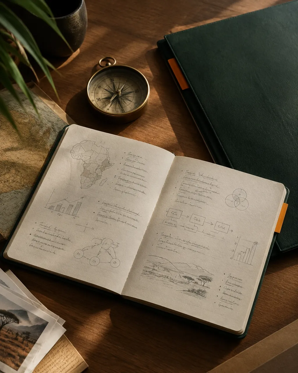 Open notebook with an Africa map, compass, and hand-drawn business notes