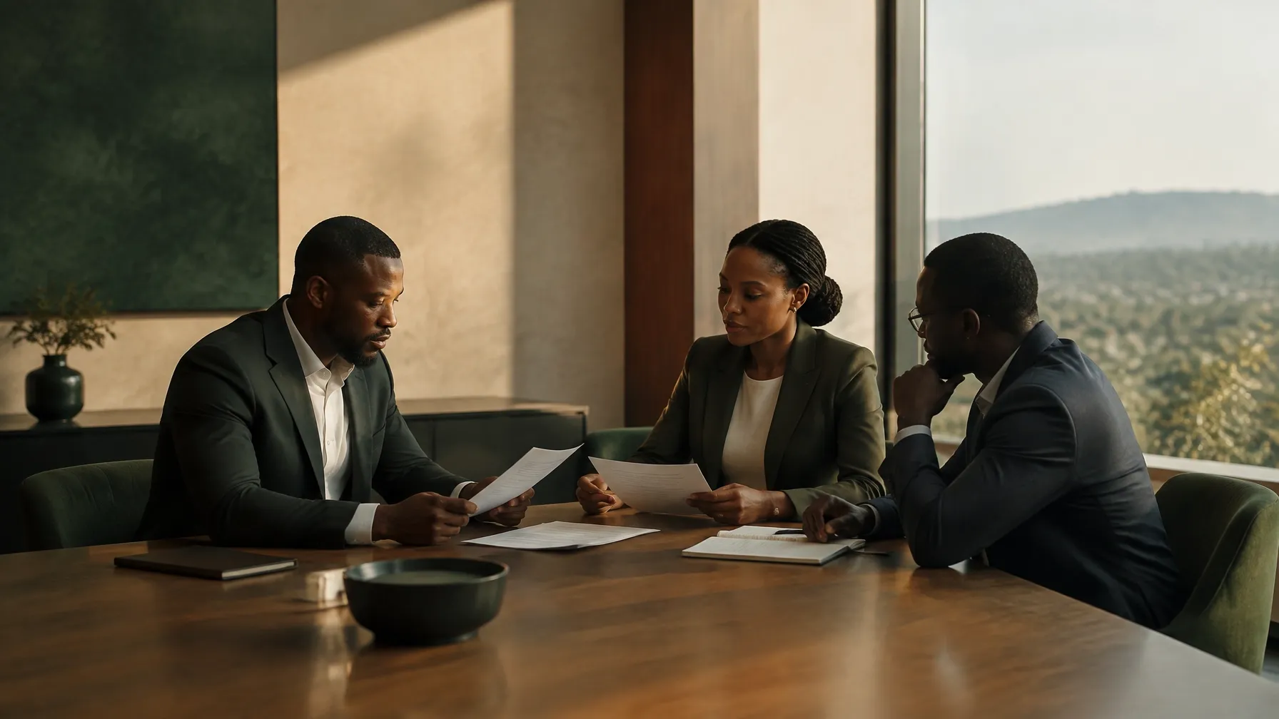 African business professionals reviewing papers together in a light-filled boardroom